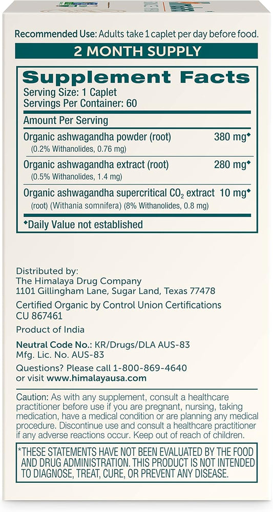 Himalaya Organic Ashwagandha, 60 Day Supply, Herbal Supplement For Stress Relief, Energy Support, Occasional Sleeplessness, Organic, Non-Gmo, Vegan, Gluten Free, 670 Mg, 60 Caplets