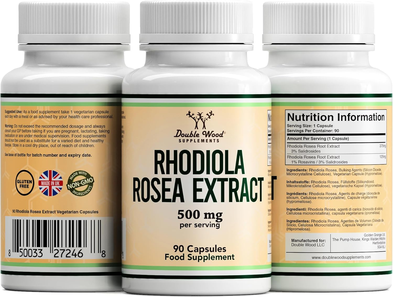 Double Wood Rhodiola Rosea | 90 Servings of 500mg Rhodiola Rosea Complex Capsules | 3% Rosavins & 1% Salidrosides | A Powerful Adaptogen Sourced from High Altitude Environments | UK Manufactured : Amazon.co.uk: Health & Personal Care