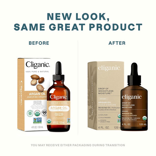 Cliganic Organic Argan Oil, 100% Pure | For Hair, Face & Skin | Natural Cold Pressed Carrier Oil, Imported From Morocco (Packaging May Vary)