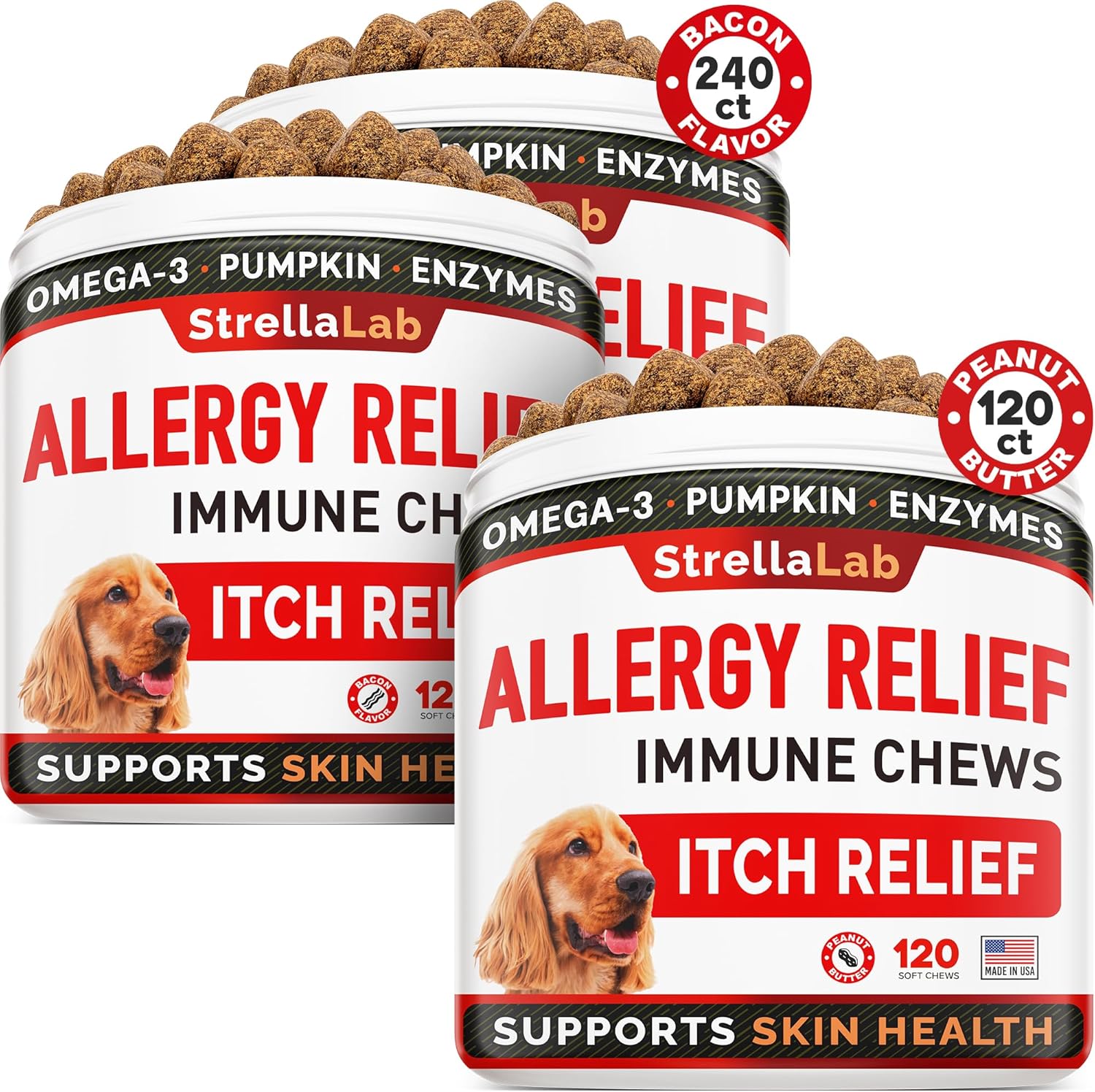 Strellalab Dog Allergy Relief For Dogs Bundle - Itchy Skin Treatment With Omega3 & Pumpkin, Itching And Licking, Itch Relief Chew, Allergy Supplement, Anti Itch Support - 360Ct - Bacon + Peanut Butter
