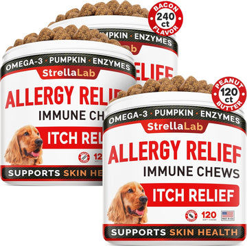 Strellalab Dog Allergy Relief For Dogs Bundle - Itchy Skin Treatment With Omega3 & Pumpkin, Itching And Licking, Itch Relief Chew, Allergy Supplement, Anti Itch Support - 360Ct - Bacon + Peanut Butter