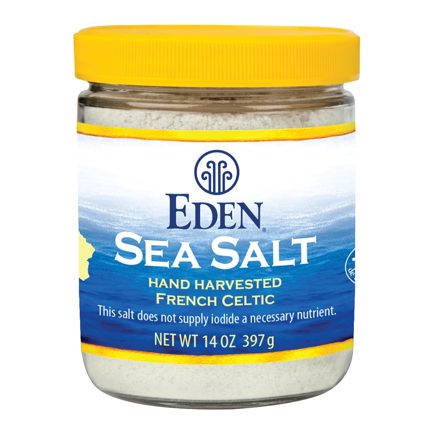 Eden Sea Salt, Hand Harvested French Celtic, Stone Ground (Fine), 82 Trace Minerals, Unrefined, Glass Jar, 14 Oz