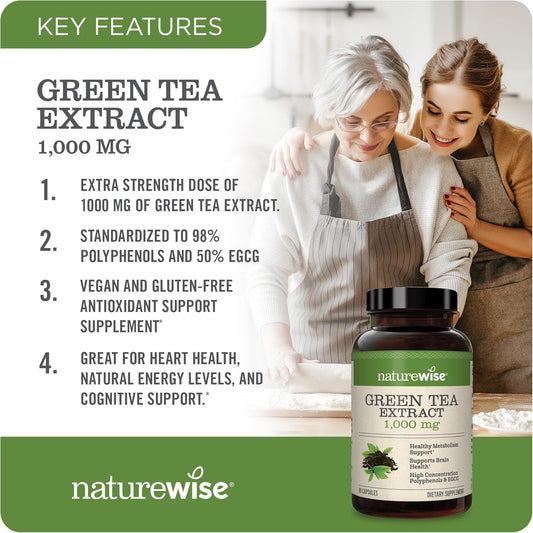 Naturewise Green Tea Extract Capsules 1000 Mg - 50% Egcg & 98% Polyphenols - Extra Strength Antioxidants For Heart Health And Energy - Vegan, Gluten Free, Non-Gmo - 60 Capsules[1-Month Supply]