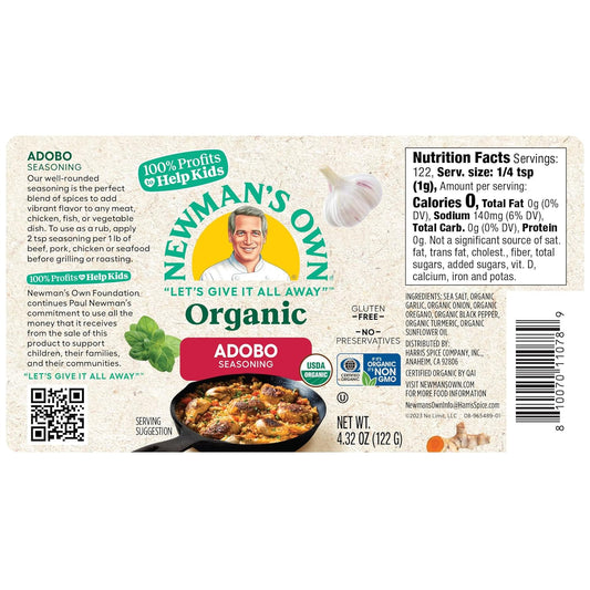 Newman'S Own Organic Adobo Seasoning; Perfect As All Purpose Seasoning; Usda Certified Organic; No Preservatives; Non-Gmo; Gluten-Free; 100% Profits To Help Kids In Need; 4.32 Oz Bottle