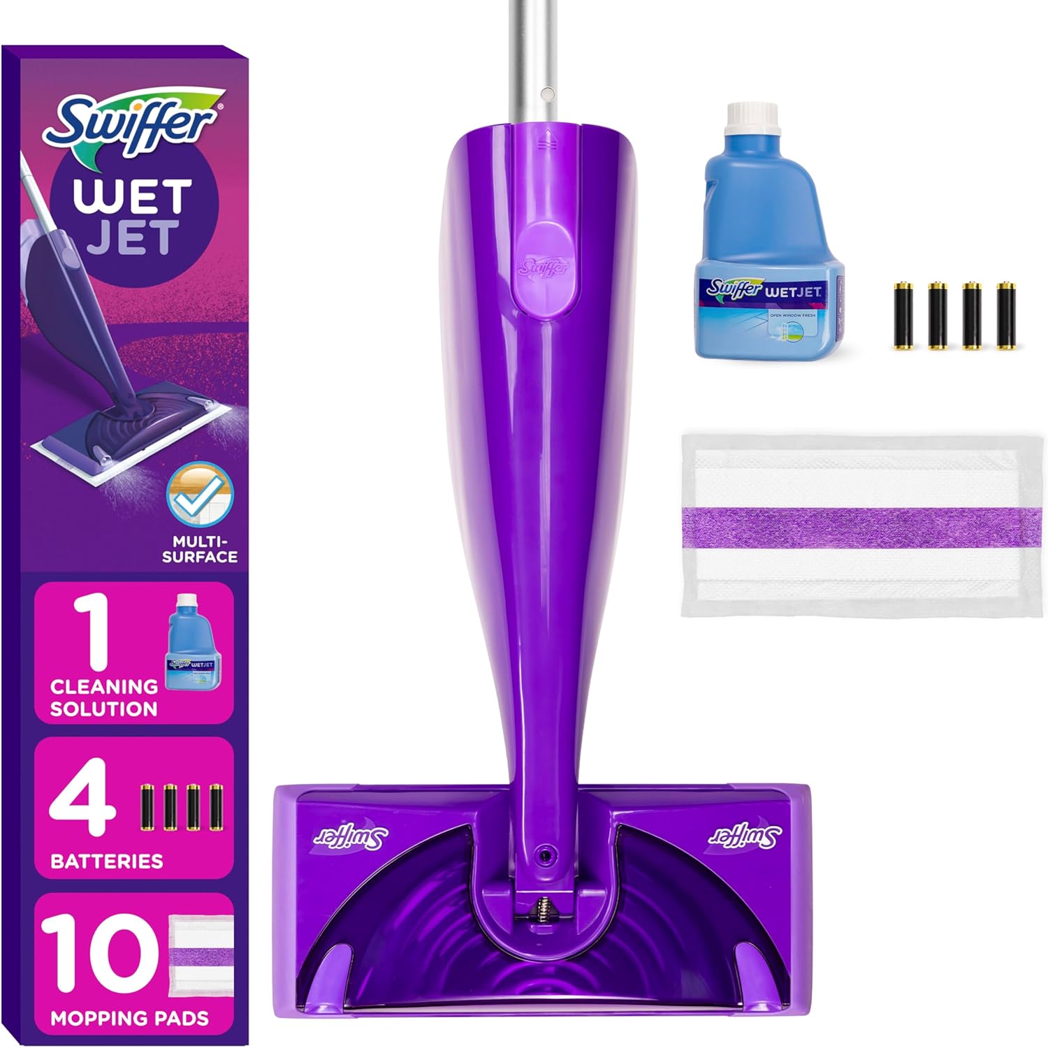 Swiffer Wetjet Hardwood And Floor Spray Mop, All-In-One Mopping Cleaner Starter Kit, Includes: 1 Wetjet, 10 Pads, 1 Cleaning Solution & 4 Batteries