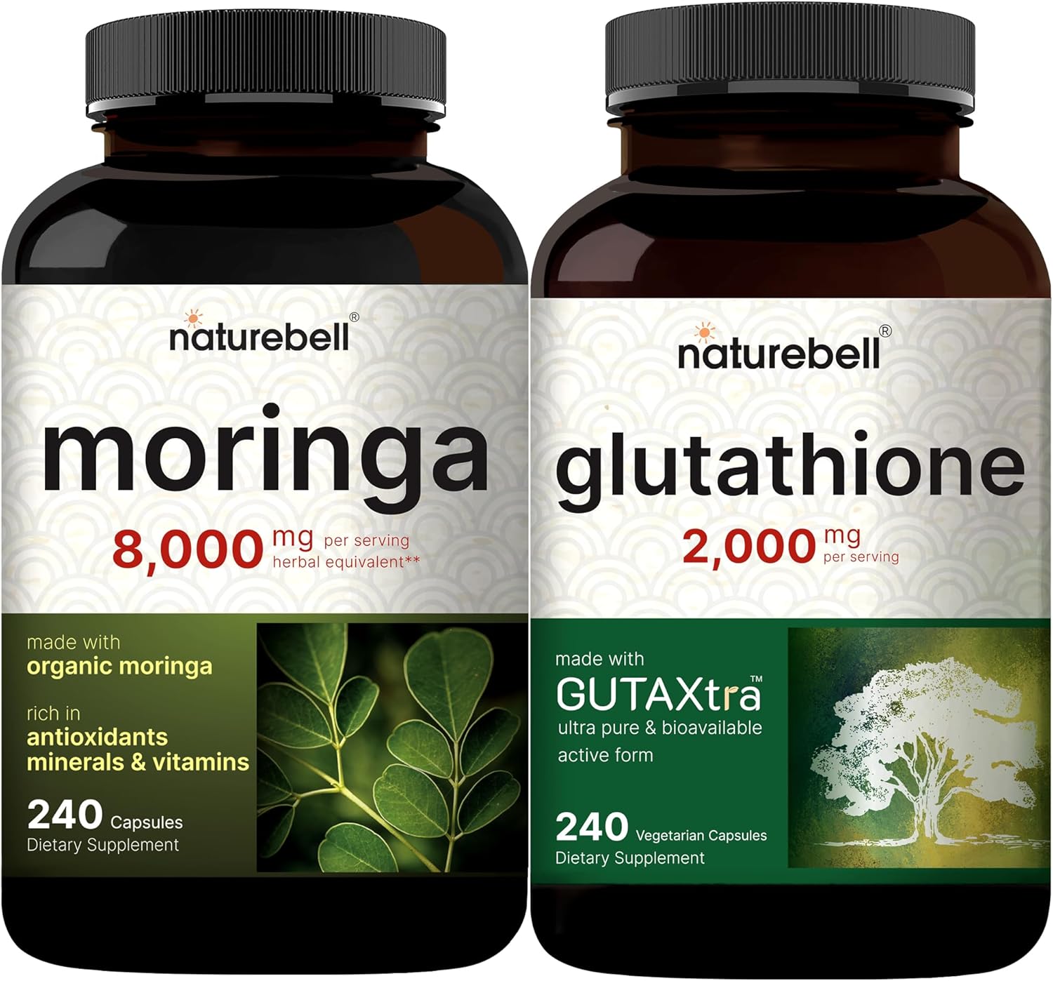 Naturebell Moringa Oleifera 8000Mg Per Serving & Glutathione Supplement 2,000Mg Per Serving Bundle Pack | Made With Organic Moringa Leaf Powder | Master Antioxidant