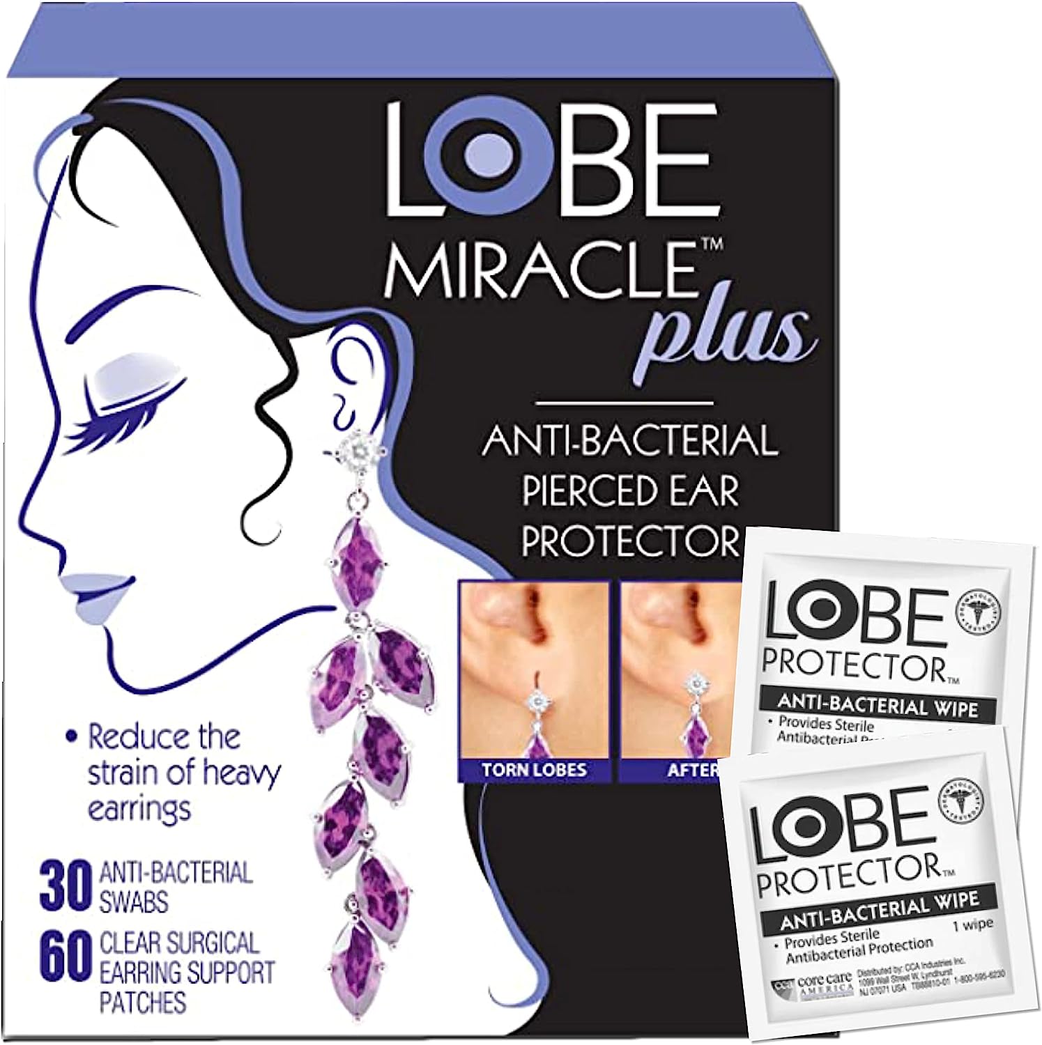 Lobe Miracle Plus - Clear Earring Support Patches & Antiseptic Wipes - Earring Backs for Droopy Ears - Ear Care Products for Torn or Stretched Ear Lobes (60 Patches & 30 Swabs)