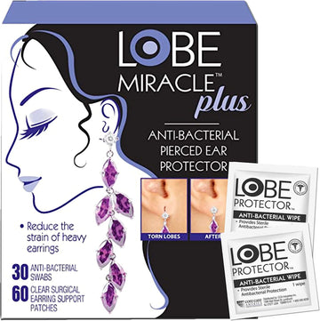 Lobe Miracle Plus - Clear Earring Support Patches & Antiseptic Wipes - Earring Backs for Droopy Ears - Ear Care Products for Torn or Stretched Ear Lobes (60 Patches & 30 Swabs)