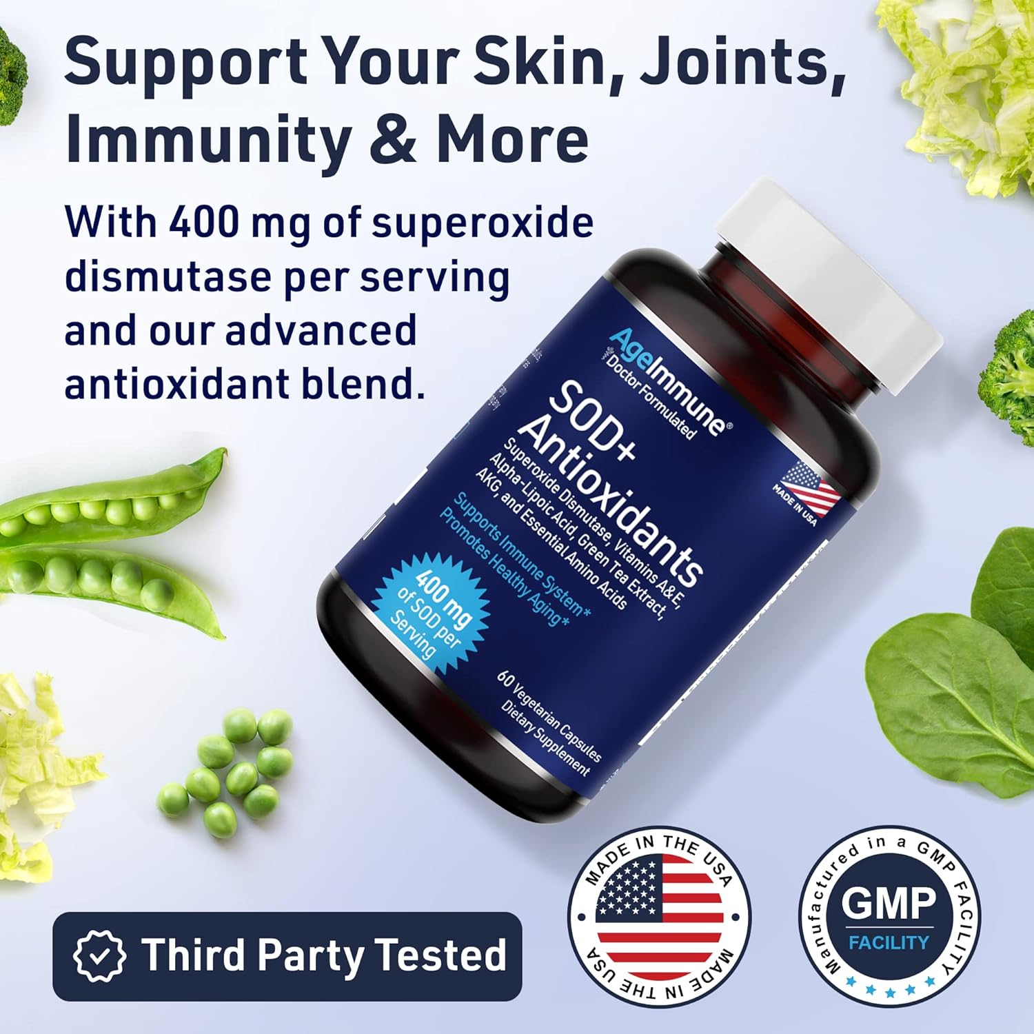 Sod Antioxidants Complex Healthy Aging Supplement, 400Mg Of Superoxide Dismutase, Alpha Lipoic Acid, Green Tea Extract, L-Arginine, Lysine, Akg, Vitamin A, Vitamin E - 60 Capsules -2 Bottles : Health & Household