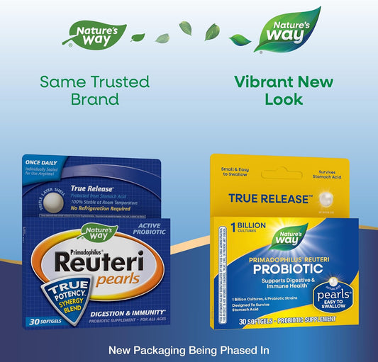 Nature'S Way Primadophilus Reuteri Probiotic Pearls For Men And Women, Digestive And Immune Health*, 1 Billion Culture, 4 Probiotic Strains, Survives Stomach Acid, 30 Softgels (Packaging May Vary)