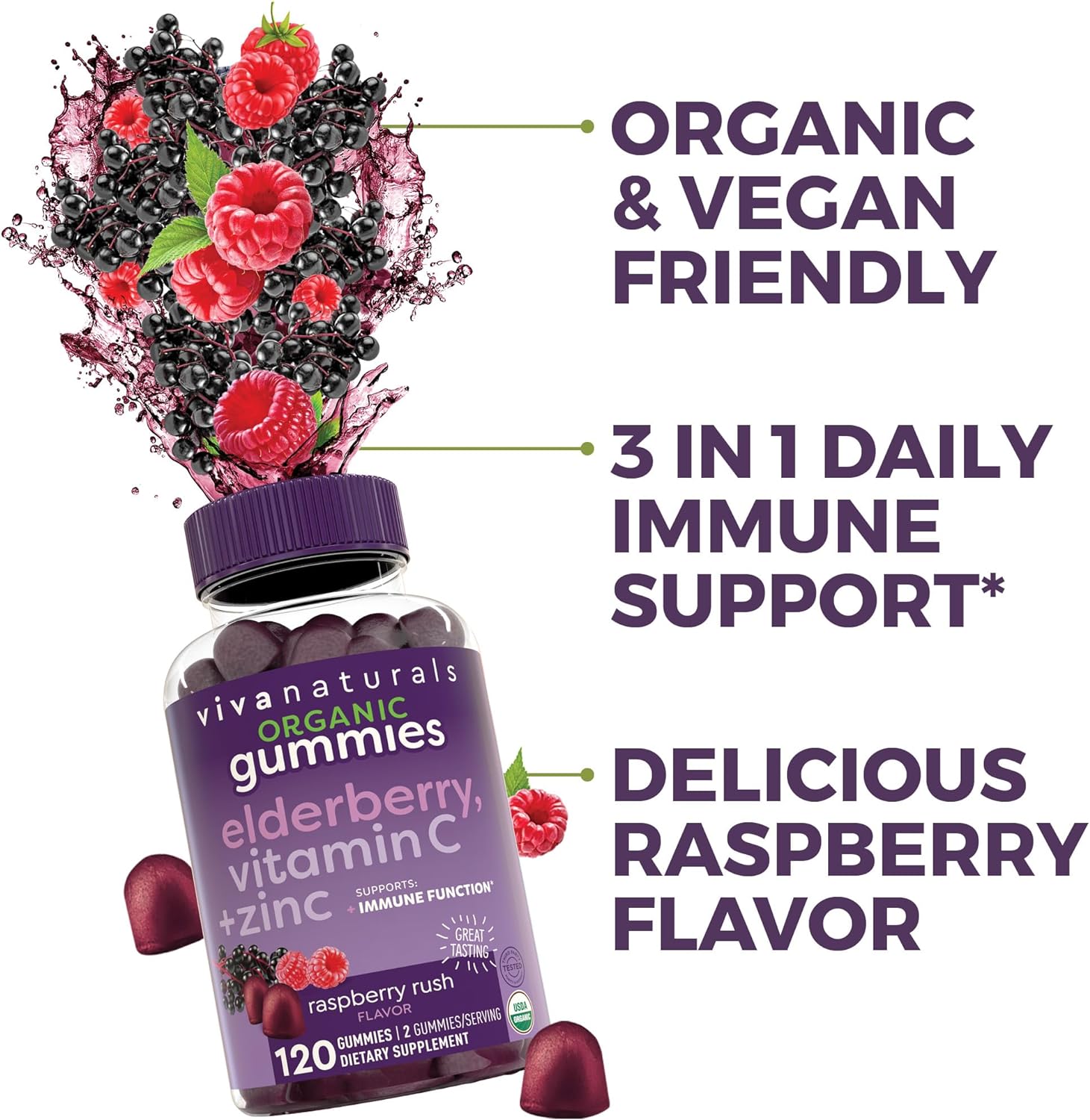 Organic Sambucus Elderberry Gummies with Zinc and Vitamin C (120 Count) - 3 in 1 Black Elderberry Gummies for Adults Immune Support, Chewable Elderberry Supplements, Immunity Gummies : Health & Household