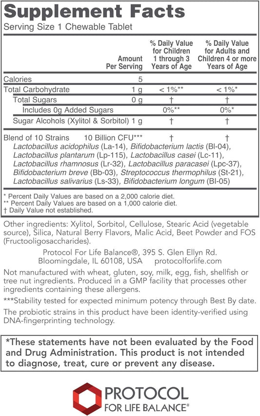 Protocol Chewable Protodophilus - 10 Billion CFU Probiotic - Chewable Tablet for Adults & Kids - for Digestive Health, Detox & Cleanse* - Vegan & Halal - 60 Chewables