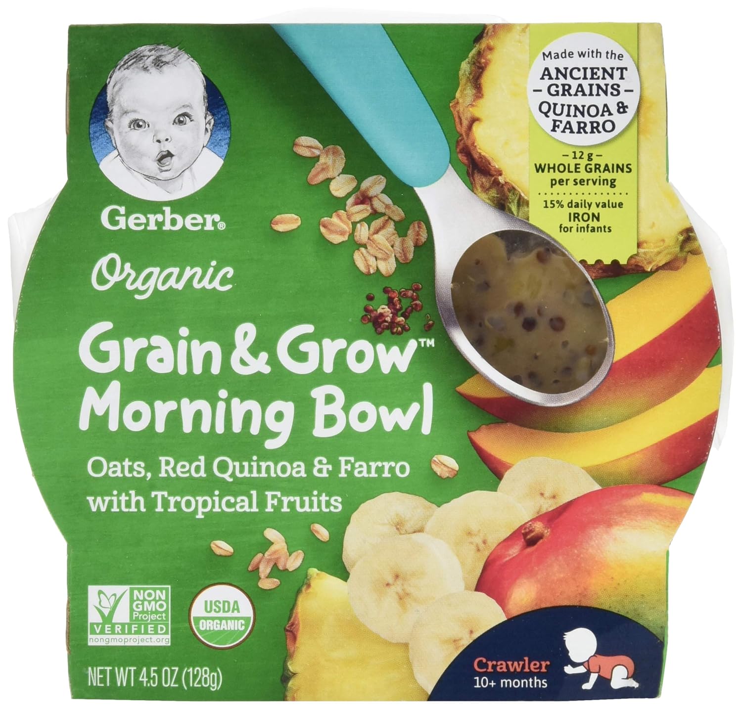 Gerber Up Age Organic Grain & Grow Morning Bowl Oats Red Quinoa & Farro With Tropical Fruits, 4.5 Oz