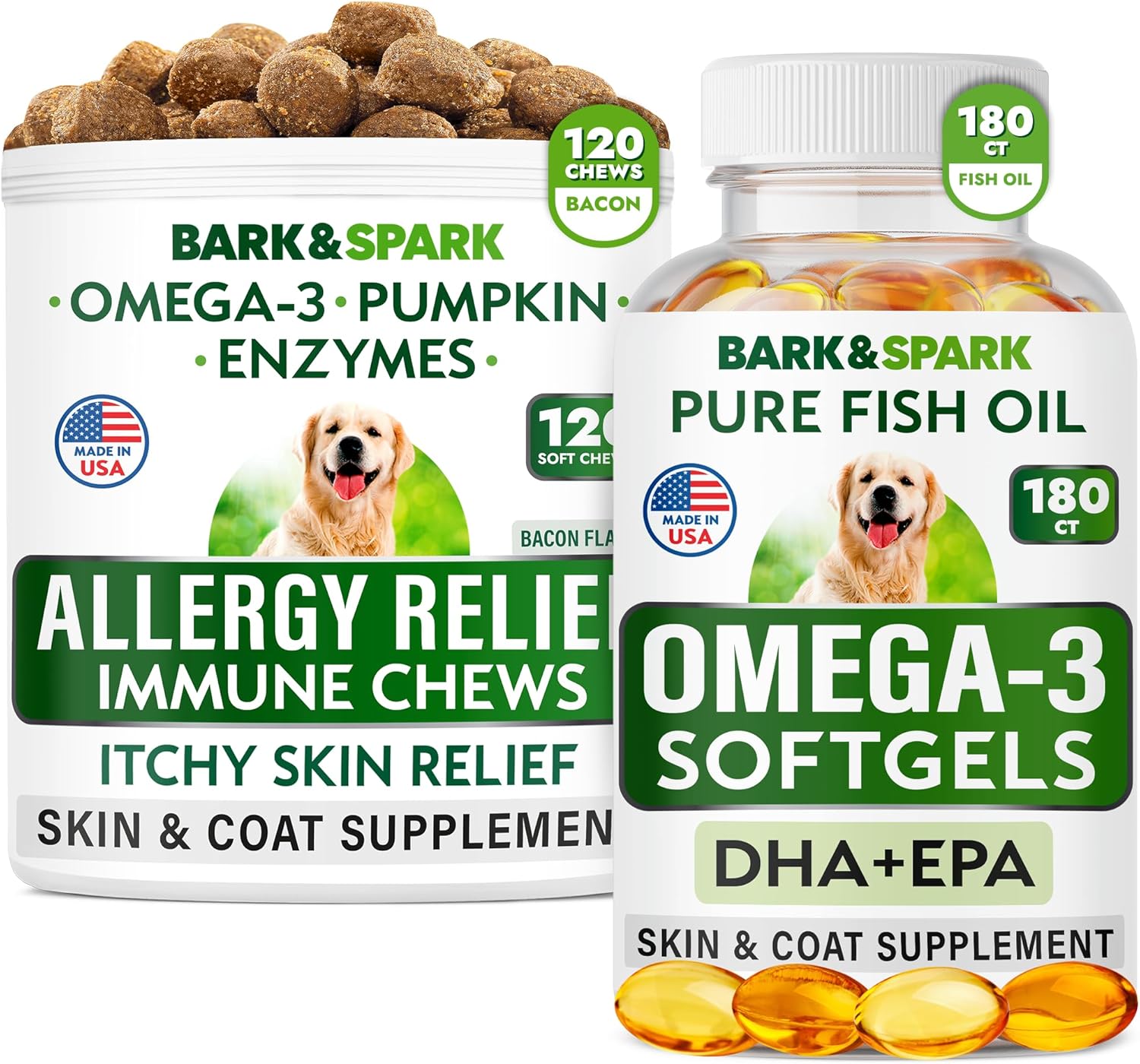 Allergy Relief + Omega 3 Bundle - Anti-Itch Skin&Coat Supplement + Skin Allergy - Omega 3 Fish Oil + Epa& Dha Fatty Acids - Itching&Paw Licking + Joint Health - 120 Chews + 180 Softgels - Made In Usa