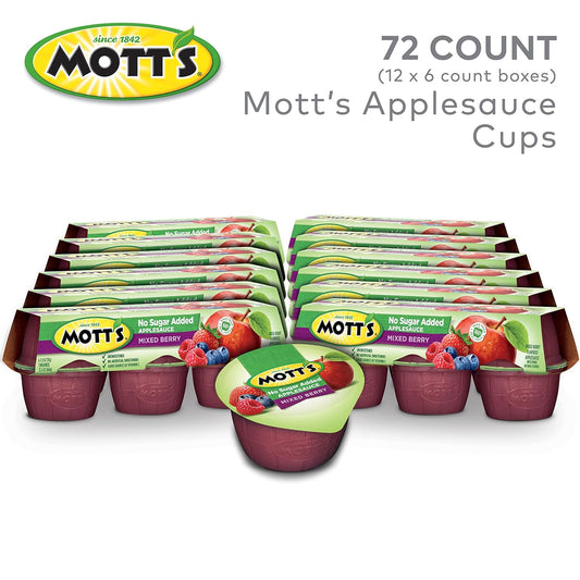 Mott'S No Sugar Added Mixed Berry Applesauce, 3.9 Ounce Cup, 6 Count (Pack Of 12)