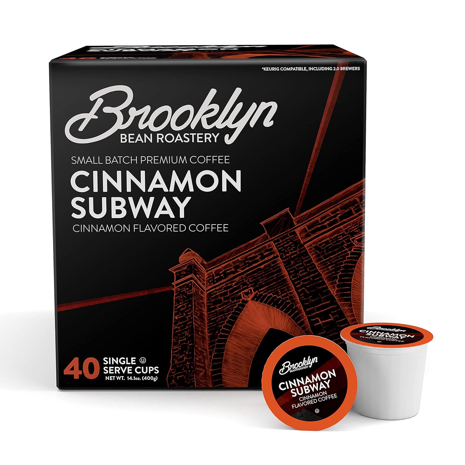 Brooklyn Beans Cinnamon Subway Gourmet Coffee Pods - Compatible With Keurig K Cup Brewers Including 2.0 Machines, 40 Count, Spicy Cinnamon Flavored