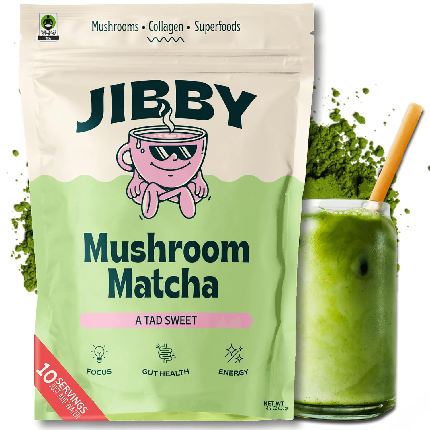 Jibby Mushroom Matcha Super Latte - Ceremonial Grade Green Tea Organic Matcha, Collagen, Mct Oil, Superfood Mushrooms, Latte Collagen Powder (A Tad Sweet, 10 Servings)