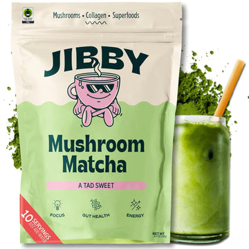 Jibby Mushroom Matcha Super Latte - Ceremonial Grade Green Tea Organic Matcha, Collagen, Mct Oil, Superfood Mushrooms, Latte Collagen Powder (A Tad Sweet, 10 Servings)