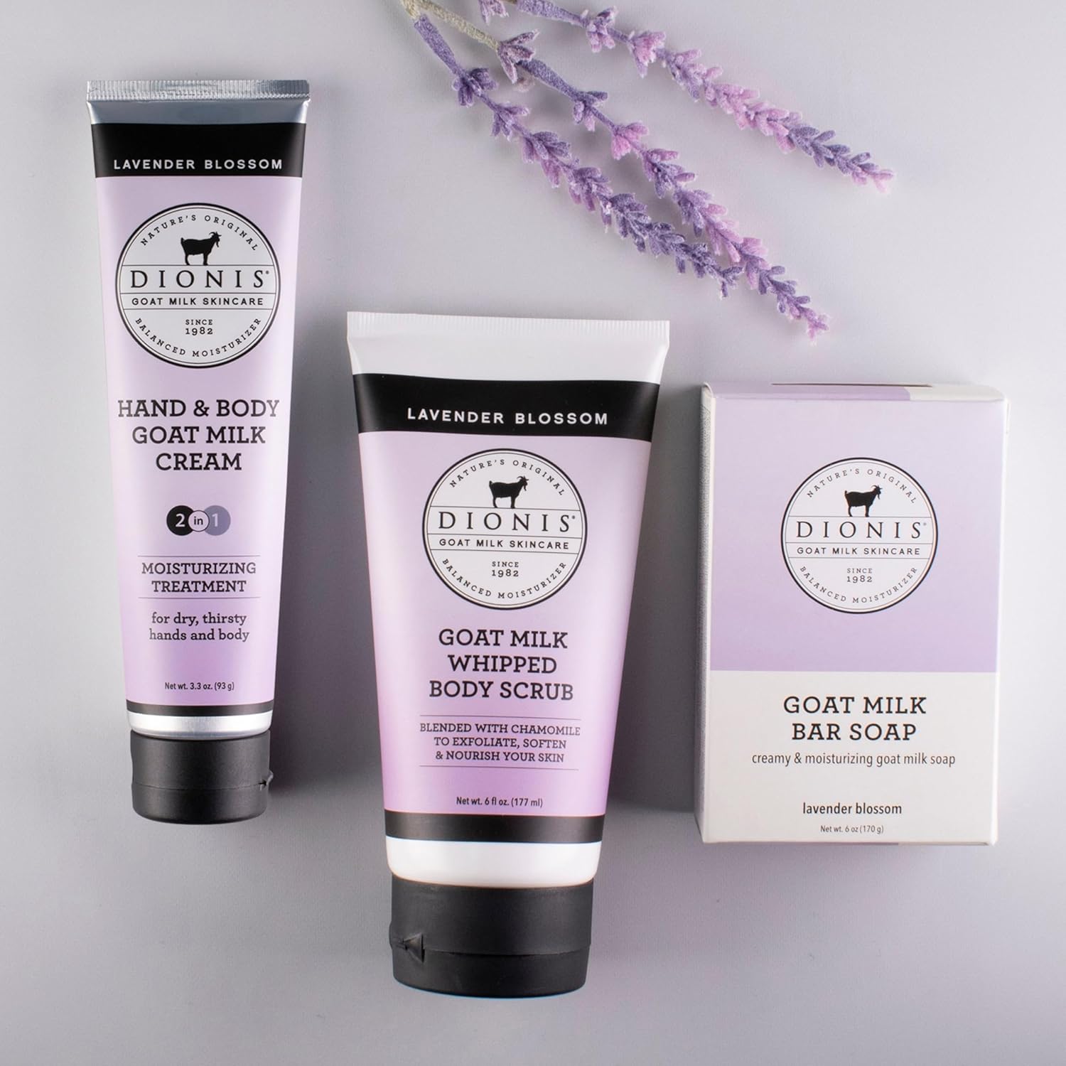 Dionis Goat Milk Skincare Lavender Blossom 3 Piece Self Care Essentials Gift Set - Bar Soap, Hand & Body Cream & Whipped Chamomile Sugar Body Scrub In Recyclable Box - Exfoliate & Moisturize Dry Skin : Beauty & Personal Care