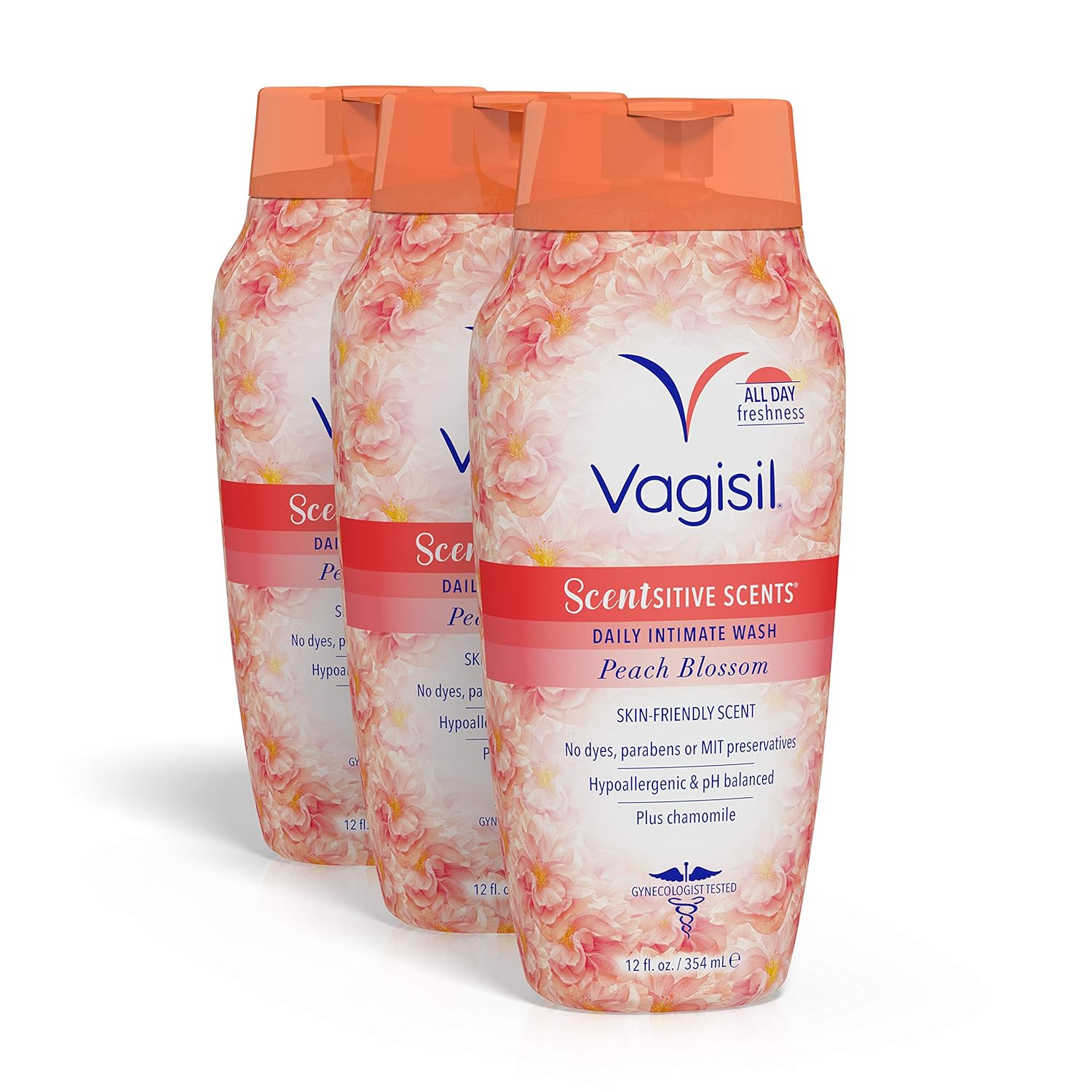 Vagisil Feminine Wash for Intimate Area Hygiene, Scentsitive Scents, pH Balanced and Gynecologist Tested, Peach Blossom, 12 oz (Pack of 3)