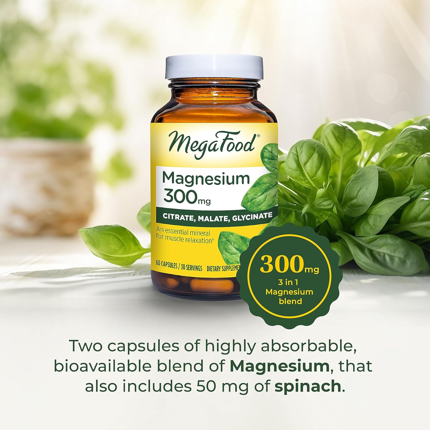 MegaFood Magnesium 300 mg - Highly absorbable blend of Magnesium Glycinate, Magnesium Citrate & Magnesium Malate to Help Support Heart, Nerve Health and Relaxation - 60 Capsules (30 Servings) : Health & Household