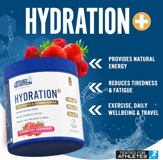 Applied Nutrition Hydration+ Electrolytes And Vitamin Powder Sugar-Free Hydration Drink Mix For Energy Recovery And Electrolyte Replenishment - Strawberry Raspberry - 240G (30 Servings)