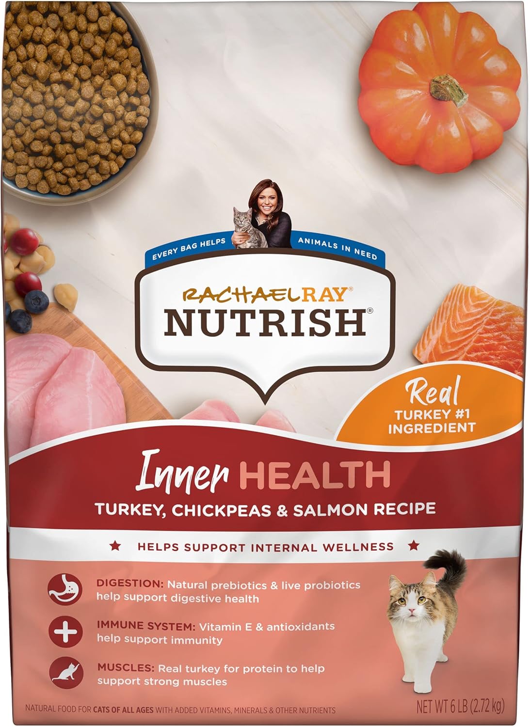 Rachael Ray Nutrish Inner Health Premium Natural Dry Cat Food With Added Vitamins, Minerals & Other Nutrients, Turkey With Chickpeas & Salmon Recipe, 6 Pounds