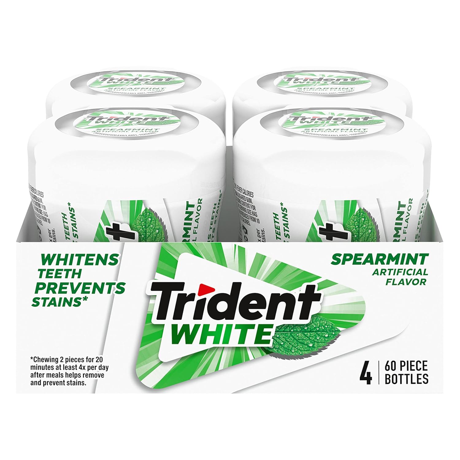 Trident White Spearmint Sugar-Free Chewing Gum, 4 Bottles Of 60 Pieces (240 Total Pieces)