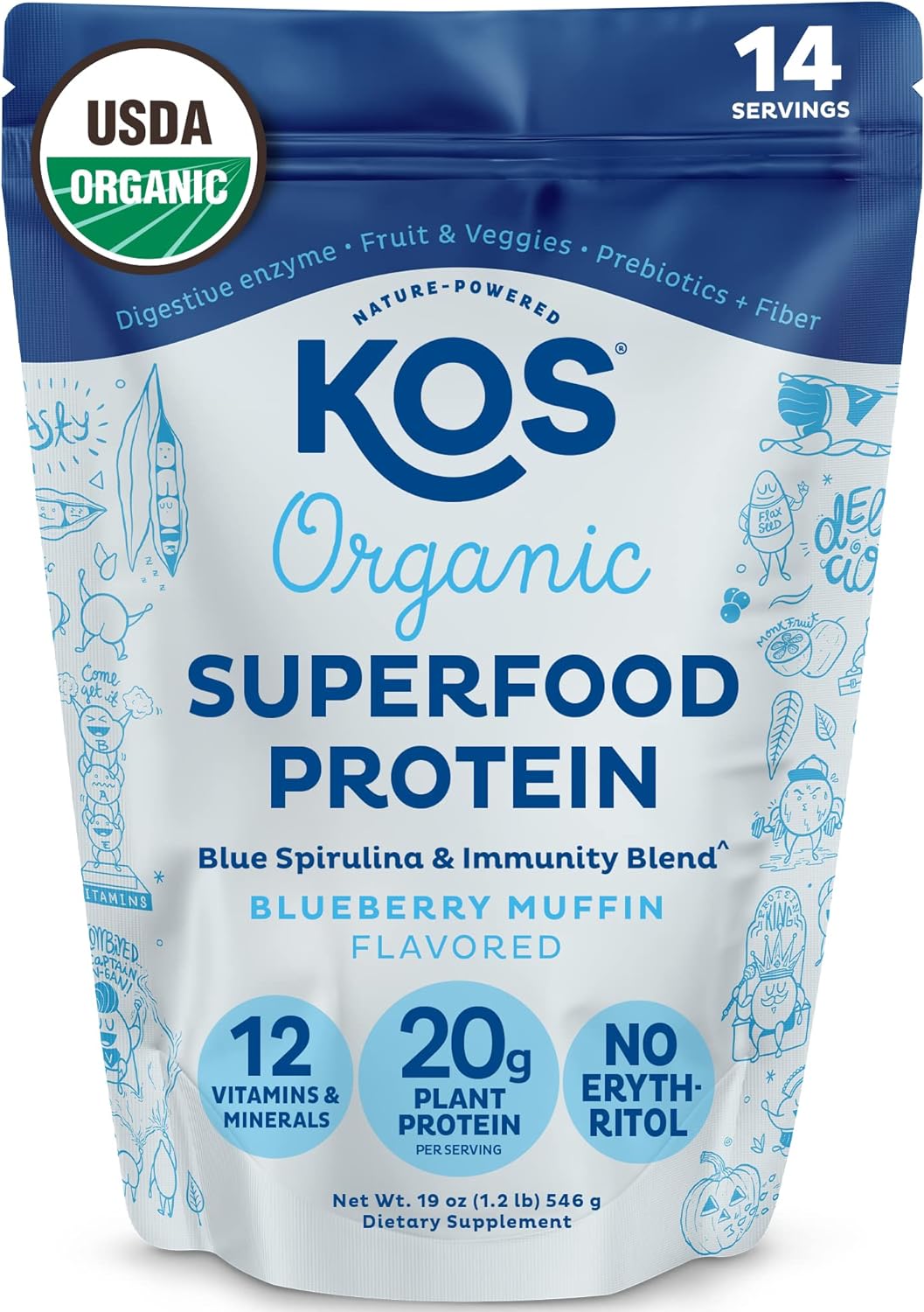 KOS Plant Based Protein Powder, No Erythritol, Blueberry Muffin - Organic Pea Protein Blend, Superfood with Spirulina & Immune Support Blend - Dairy Free, Meal Replacement for Women & Men, 14 Servings