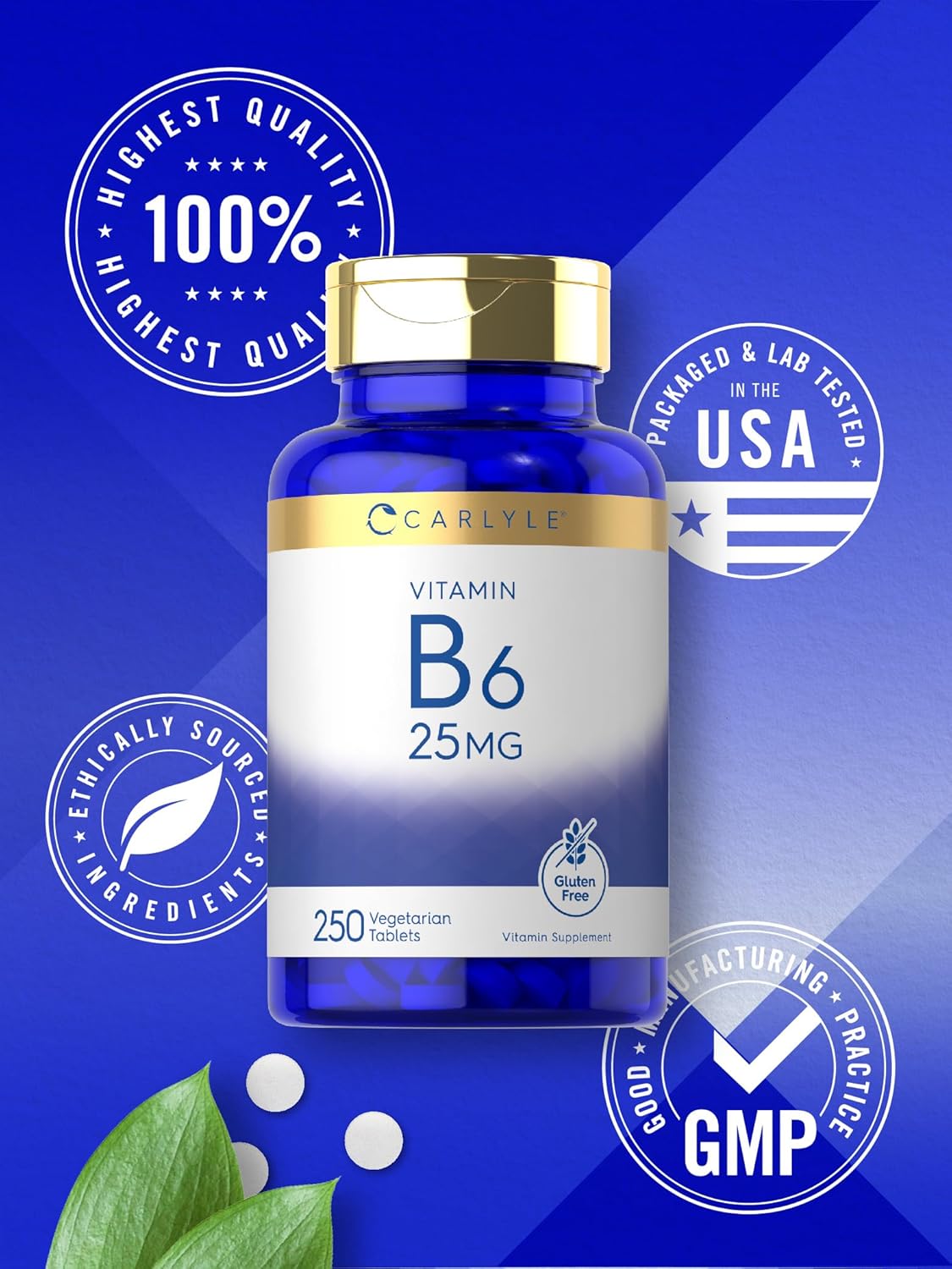 Carlyle Vitamin B6 | 25mg | 250 Tablets | Vegetarian, Non-GMO & Gluten Free Supplement : Health & Household