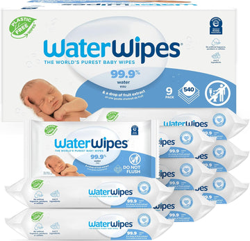 Waterwipes Plastic-Free Original-Baby Wipes, 99.9% Water Based Wipes, Unscented & Hypoallergenic For Sensitive Skin, 60 Count (Pack Of 9) Total 540 Wipes, Packaging May Vary