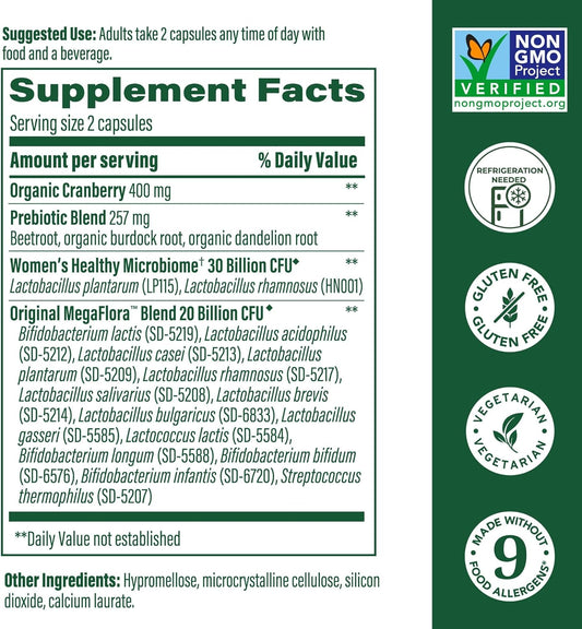 Megafood Megaflora Probiotics For Women + Prebiotics And Probiotics With 14 Strains & 50 Billion Cfus, With Cranberry For Women Digestive Health, Vegetarian - 60 Capsules (30 Servings)