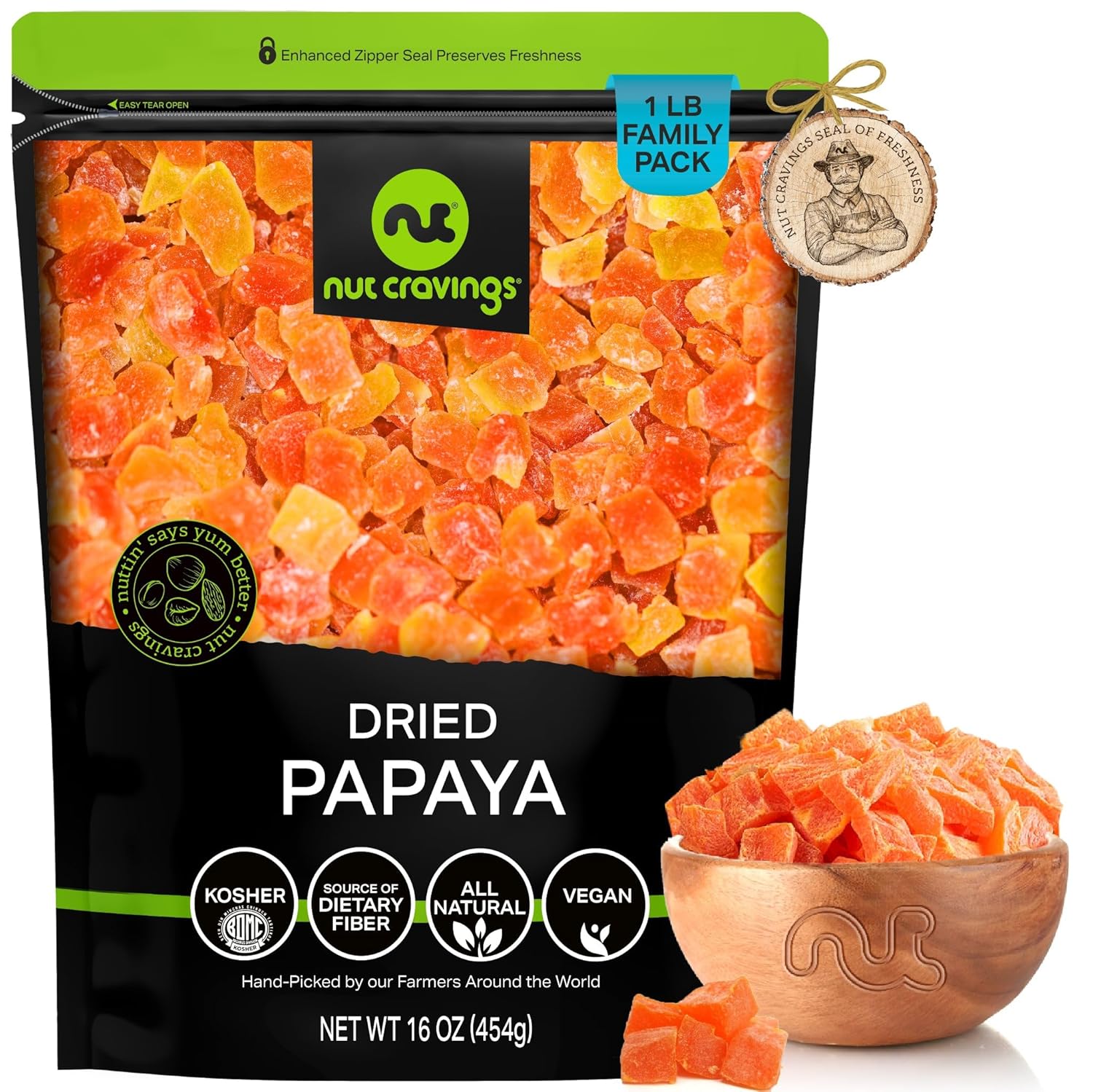 Nut Cravings Dry Fruits - Sun Dried Papaya Chunks, With Sugar Added (16Oz - 1 Lb) Packed Fresh In Resealable Bag - Sweet Snack, Healthy Food, All Natural, Vegan, Kosher Certified