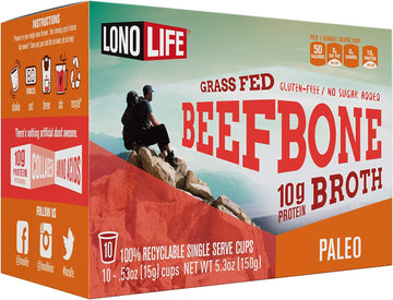 Lonolife Beef Bone Broth Powder Mix | Grass-Fed, 10G Protein | Collagen-Rich, Keto & Paleo Friendly | Natural Ingredients | 10 Single-Serve Cups