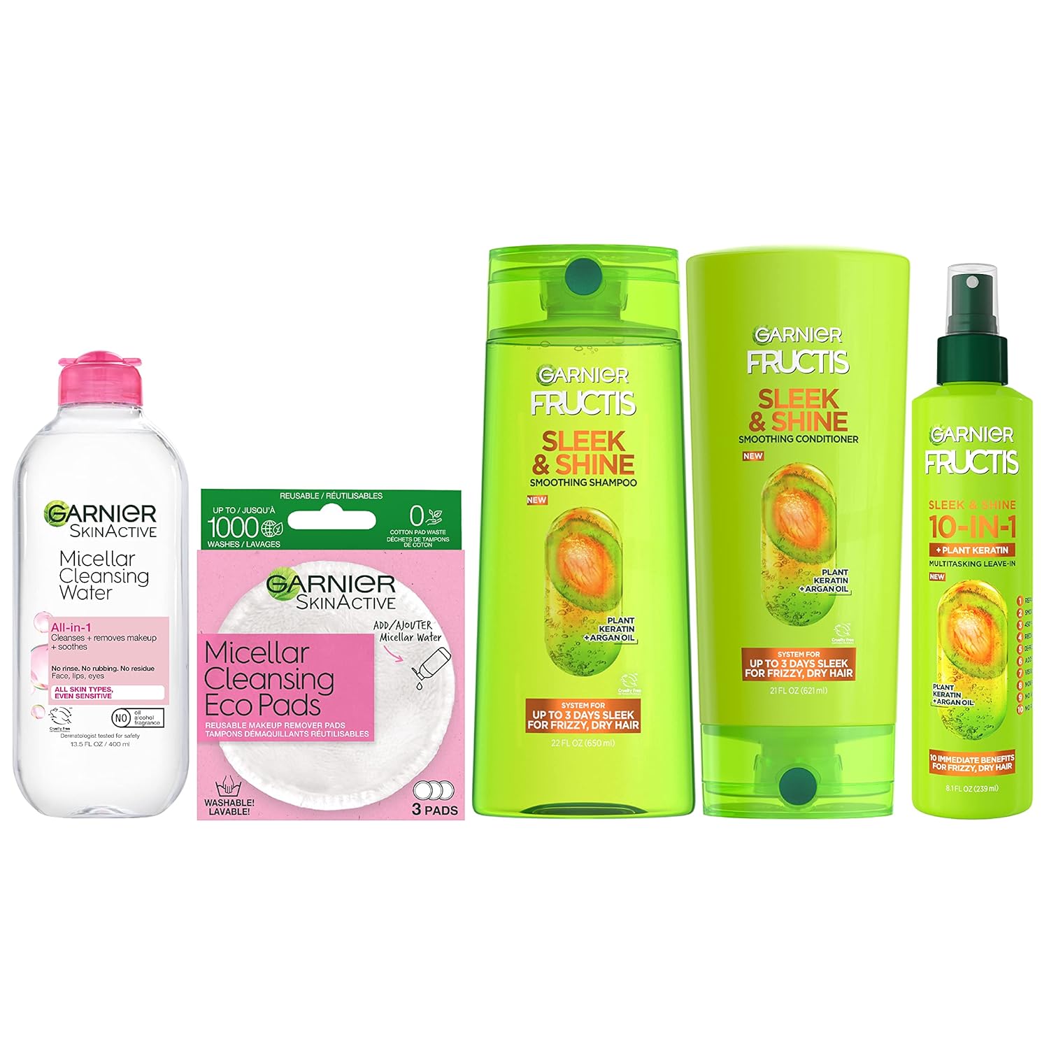 Garnier Back to School Bundle| Micellar Water (400mL), EcoPads, Fructis Sleek & Shine Shampoo (22 Fl Oz), Conditioner (21 Fl Oz) + 10-in-1 (8.1 Fl Oz), 5-piece Set (Packaging May Vary)