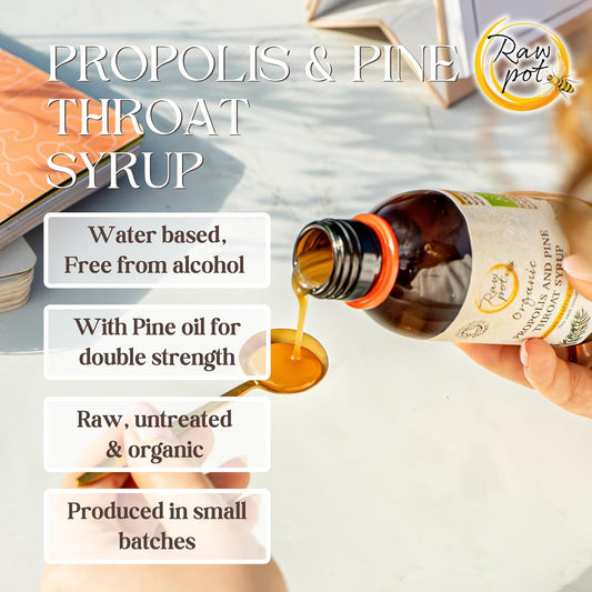 Raw Pot Organic Propolis And Pine Throat Syrup | 100% Pure Raw Bee Propolis Extract & Pine Oil - Soothing Relief For Coughs And Sore Throats – Flu & Cold Support, Alcohol-Free | Kids & Adults (150 Ml)