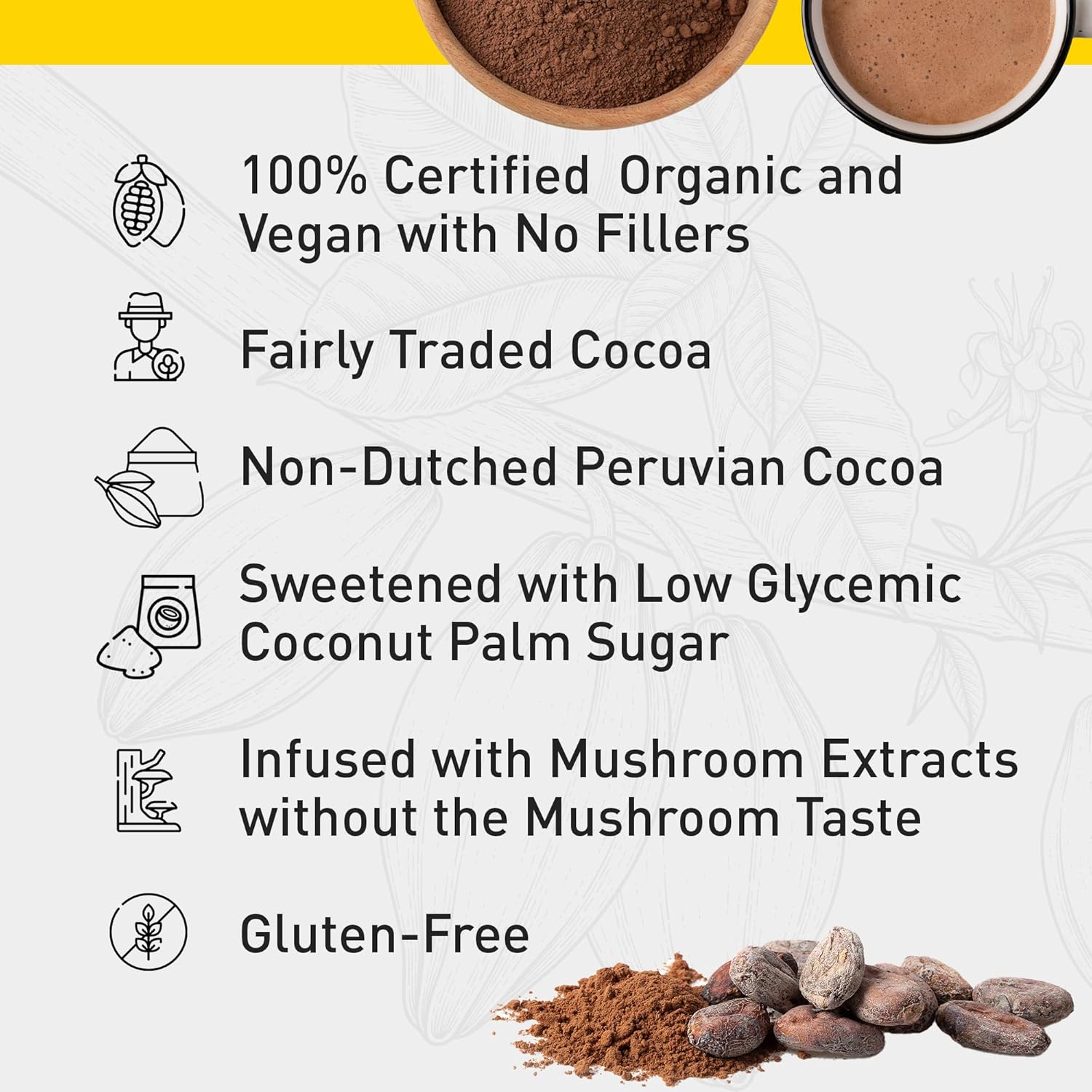 Enerhealth Botanicals Cocoa Mojo – Certified Organic Hot Chocolate Peruvian Cocoa Mix, Sweetened With Low Glycemic Coconut Palm Sugar And Infused With 6 Mushroom Extracts To Boost Immunity – 12 Oz : Grocery & Gourmet Food