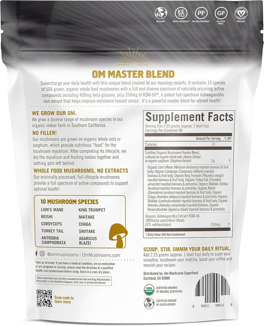 Om Mushroom Master Blend, Organic 10 Mushroom Complex & Adaptogens Powder, Reishi & Lions Mane - 6.2 Oz