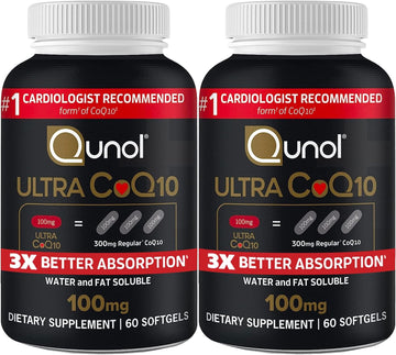 CoQ10 100mg Softgels - Qunol Ultra 3x Better Absorption Coenzyme Q10 Supplements - Antioxidant Supplement for Vascular and Heart Health & Energy Production - 4 Month Supply - 60 Count (Pack of 2)