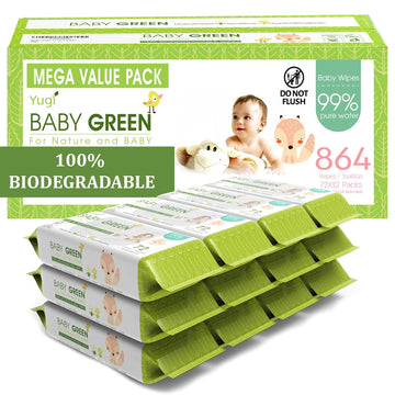 Yugi Green Baby Wipes Unscented Compostable Biodegradable And Organic– Value Pack (12 Packs Of 72) 864 For Sensitive Skin & Nose
