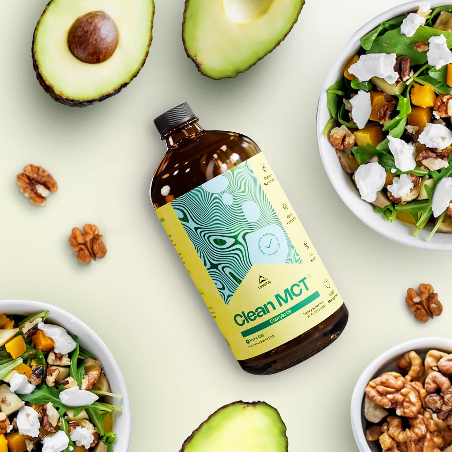 Levelup Clean Mct Oil - 100% Caprylic C8 For Energy, Focus, Gut Health, Brain Superfuel - Keto Supplement For Ketogenic Coffee And Ketones - Non-Gmo (32 Oz Glass Bottle) : Health & Household