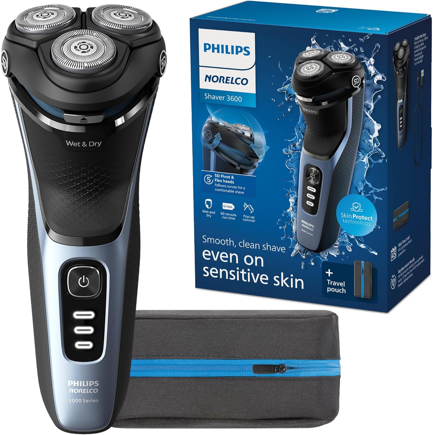 Philips Norelco Shaver 3600 Series, Wet And Dry Electric Shaver, P-Cap, Travel Pouch, Storm Blue, Model S3243/91