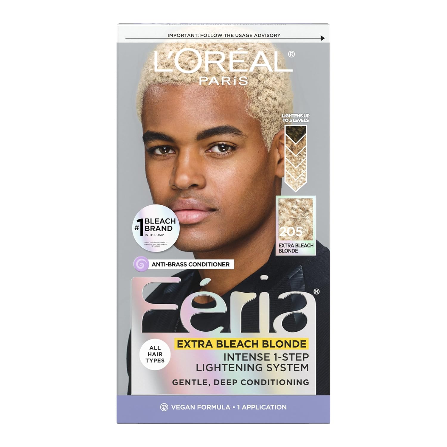 L'Oreal Paris Feria Multi-Faceted Shimmering Permanent Hair Color, 205 Bleach Blonding (Extra Bleach Blonde), Pack Of 1, Hair Dye