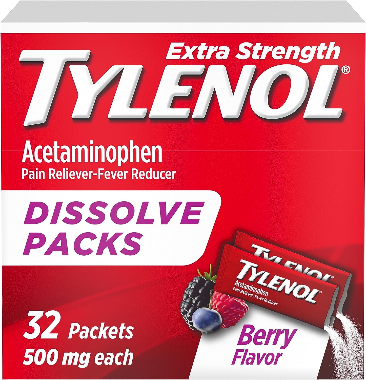 Tylenol Extra Strength Dissolve Packs, 500 Mg Acetaminophen Pain Reliever & Fever Reducer, On-The-Go Powder Packets For Minor Aches & Pains, Ibuprofen- & Aspirin-Free, Berry Flavor, 32 Ct