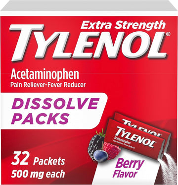 Tylenol Extra Strength Dissolve Packs, 500 Mg Acetaminophen Pain Reliever & Fever Reducer, On-The-Go Powder Packets For Minor Aches & Pains, Ibuprofen- & Aspirin-Free, Berry Flavor, 32 Ct