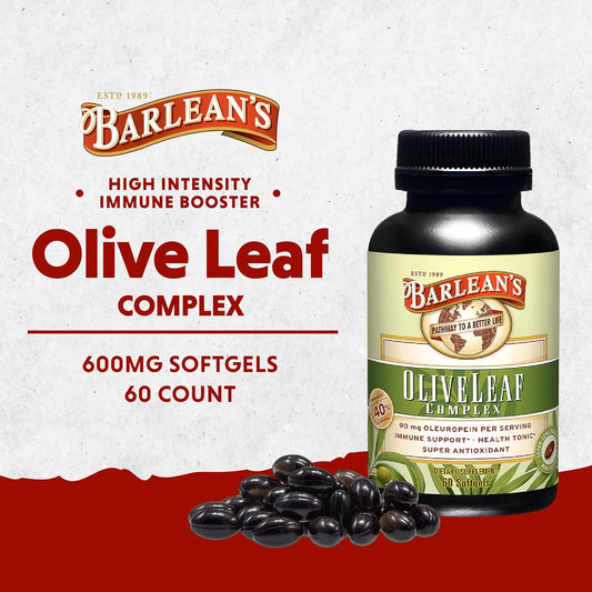 Barlean's Olive Leaf Complex Softgels Immune Support Supplement with 90 mg Oleuropein Antioxidants, Concentrated Heart Health & Immunity Booster Pills, 60 Count