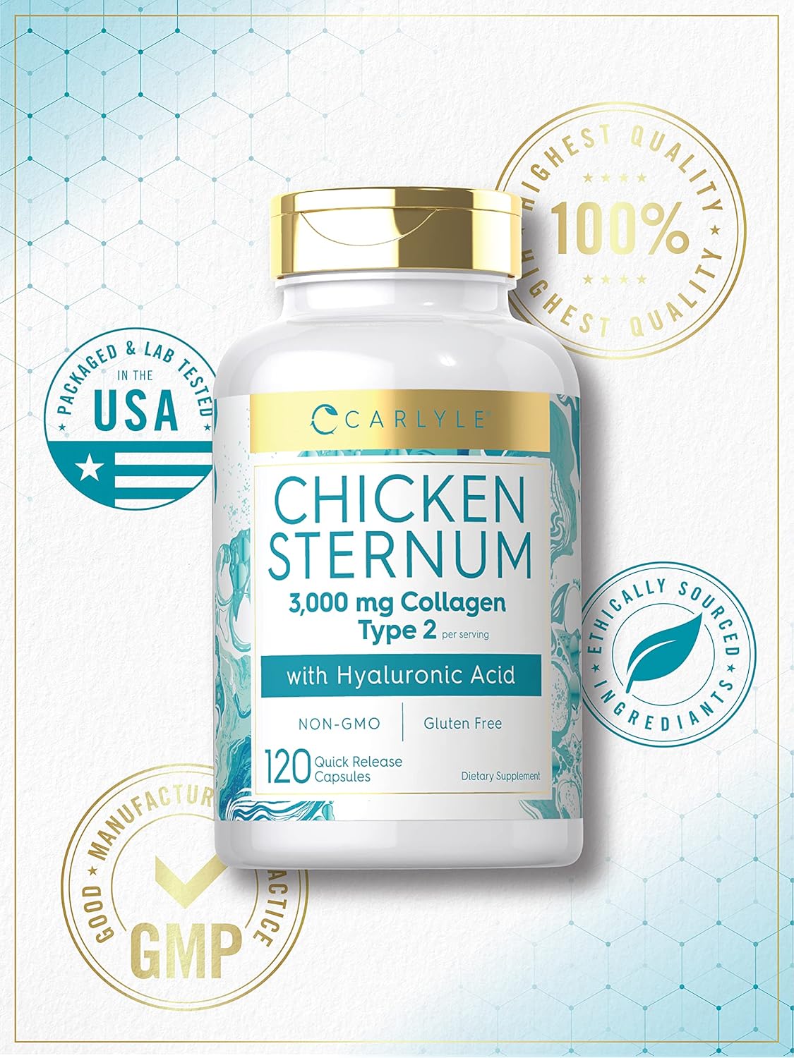 Carlyle Chicken Sternum Cartilage Collagen Capsules | Type Ii 3000Mg | 120 Pills | With Hyaluronic Acid | Non-Gmo, Gluten Free : Health & Household