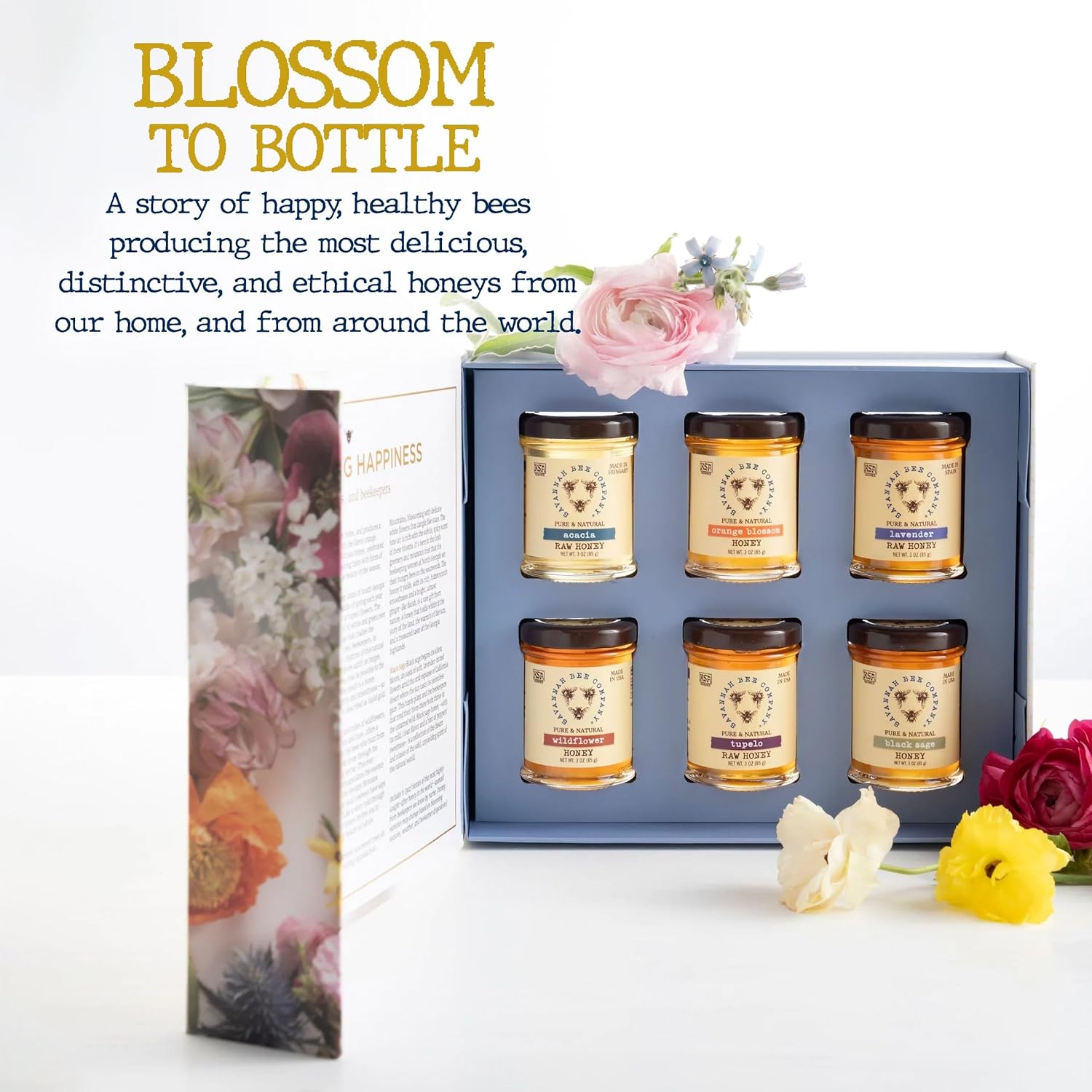 Savannah Bee Company Blossom To Bottle - 6 Jars Of Different Varieties Of Organic Honey In Unique Packaging : Grocery & Gourmet Food