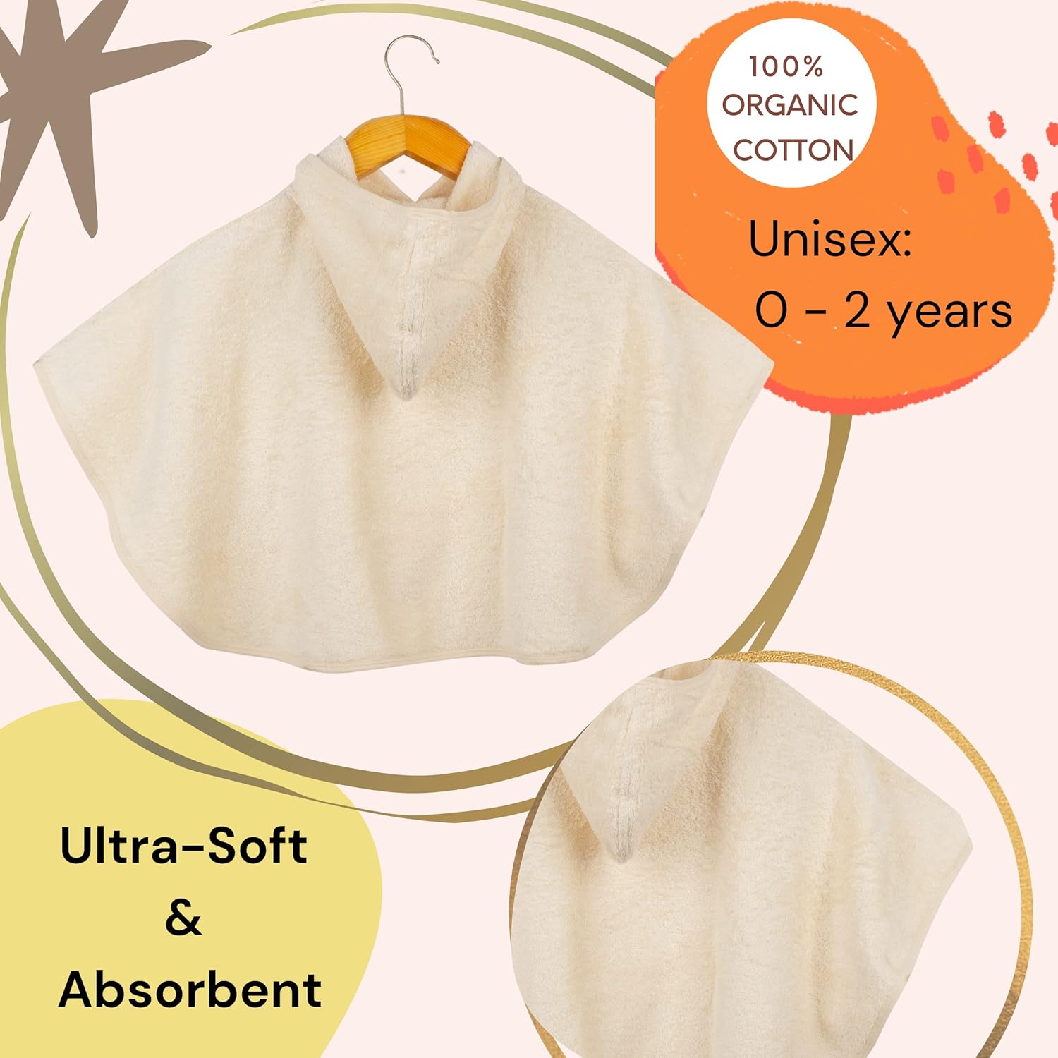 Organic Cotton Hooded Baby Poncho - Gots Certified 100% Organic Cotton, Ultra Soft, Undyed And Unbleached, Hypoallergenic, : Baby