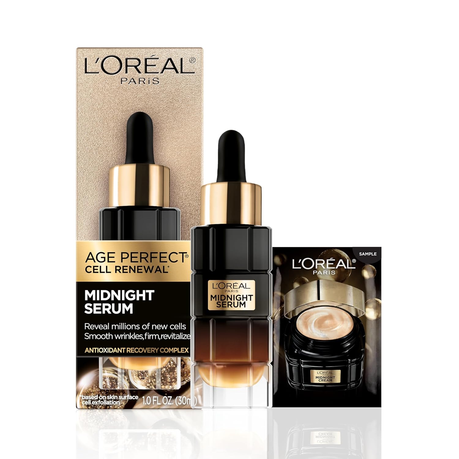 L'Oreal Paris Age Perfect Anti-Aging Midnight Face Serum, Reduce Wrinkles 1Oz + Eye Cream Sample